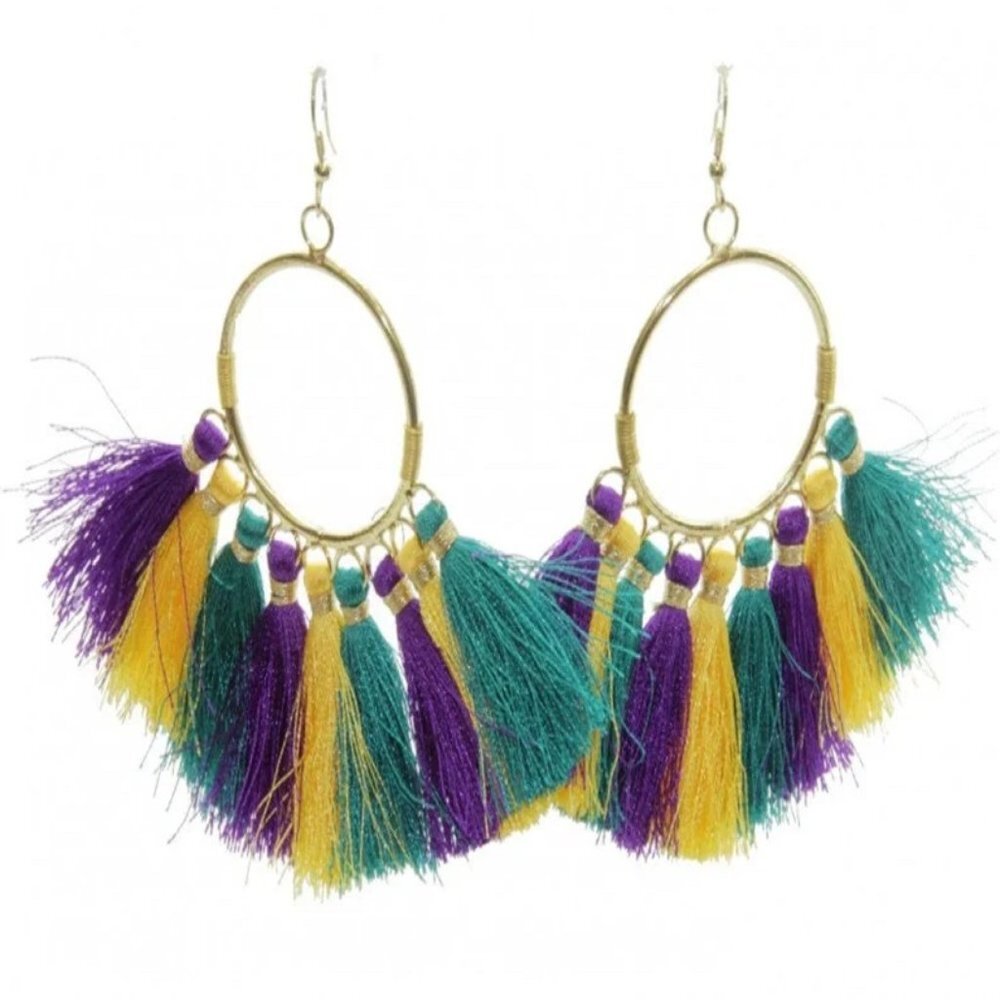 Mardi Gras Tassel Hoop Earrings
